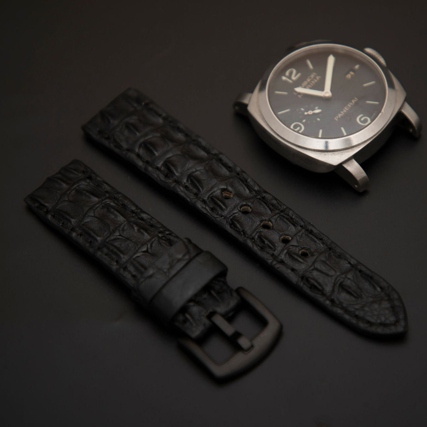 BLACK CROCODILE HORNBACK LEATHER STRAP