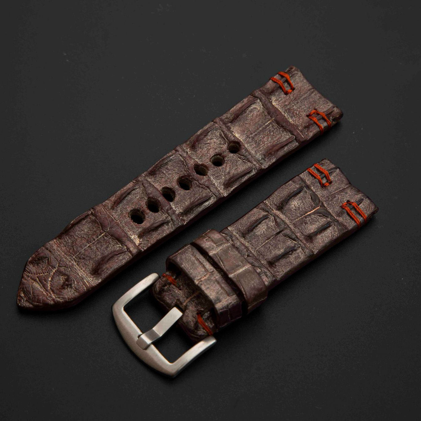 BROWN&SILVER CROCODILE HORNBACK LEATHER STRAP