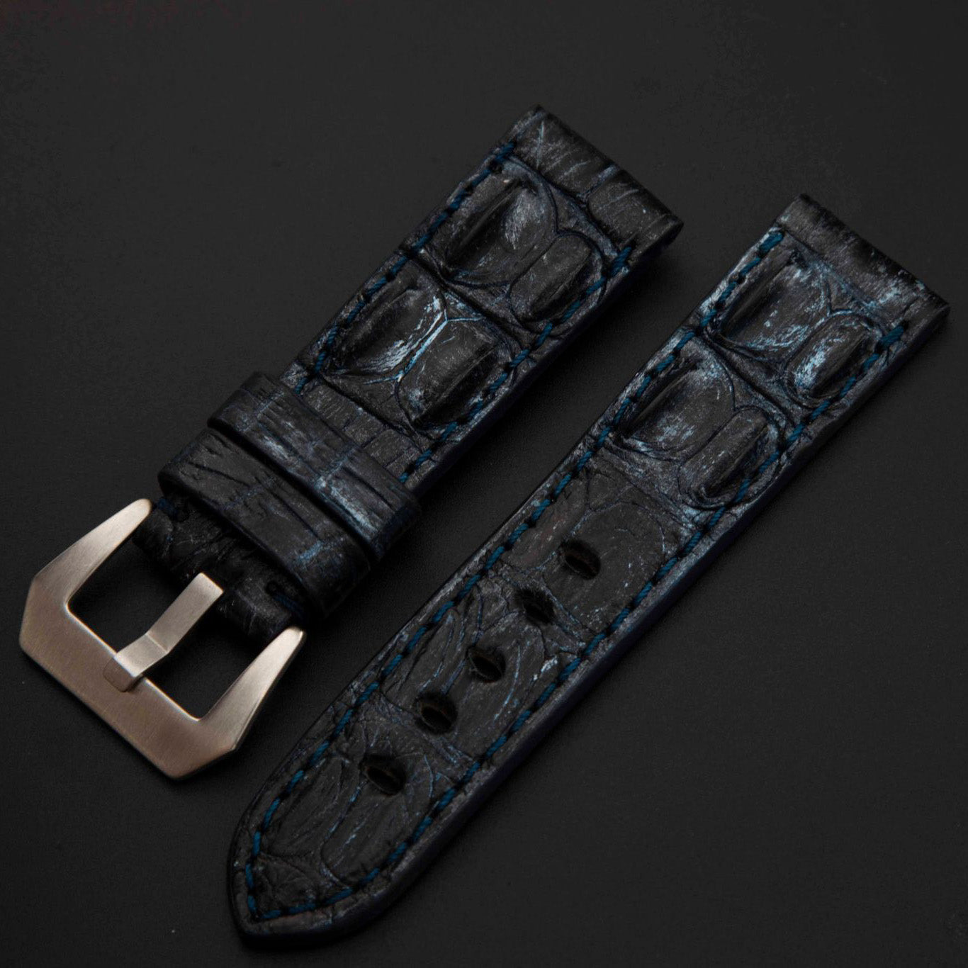 BLUE&SILVER CROCODILE HORNBACK LEATHER STRAP