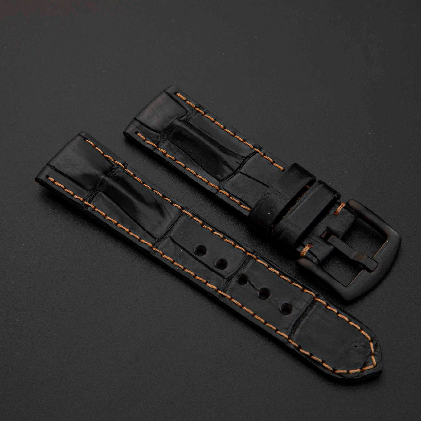 BLACK CROCODILE HORNBACK LEATHER STRAP