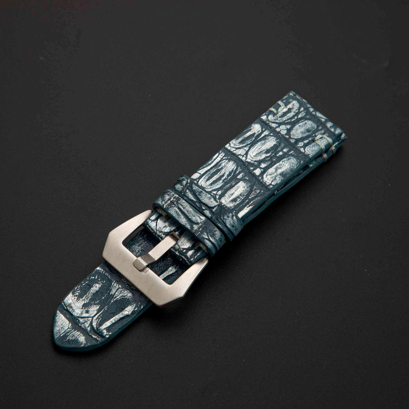 BLUE&SILVER CROCODILE HORNBACK LEATHER STRAP