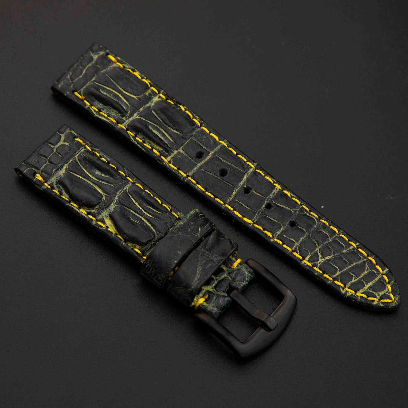 BLACK&GOLD CROCODILE HORNBACK LEATHER STRAP
