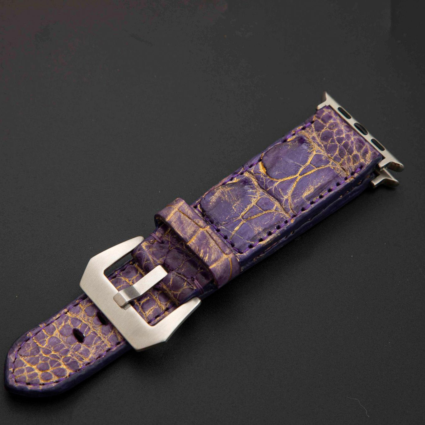 PURPLE&GOLD CROCODILE HORNBACK LEATHER STRAP