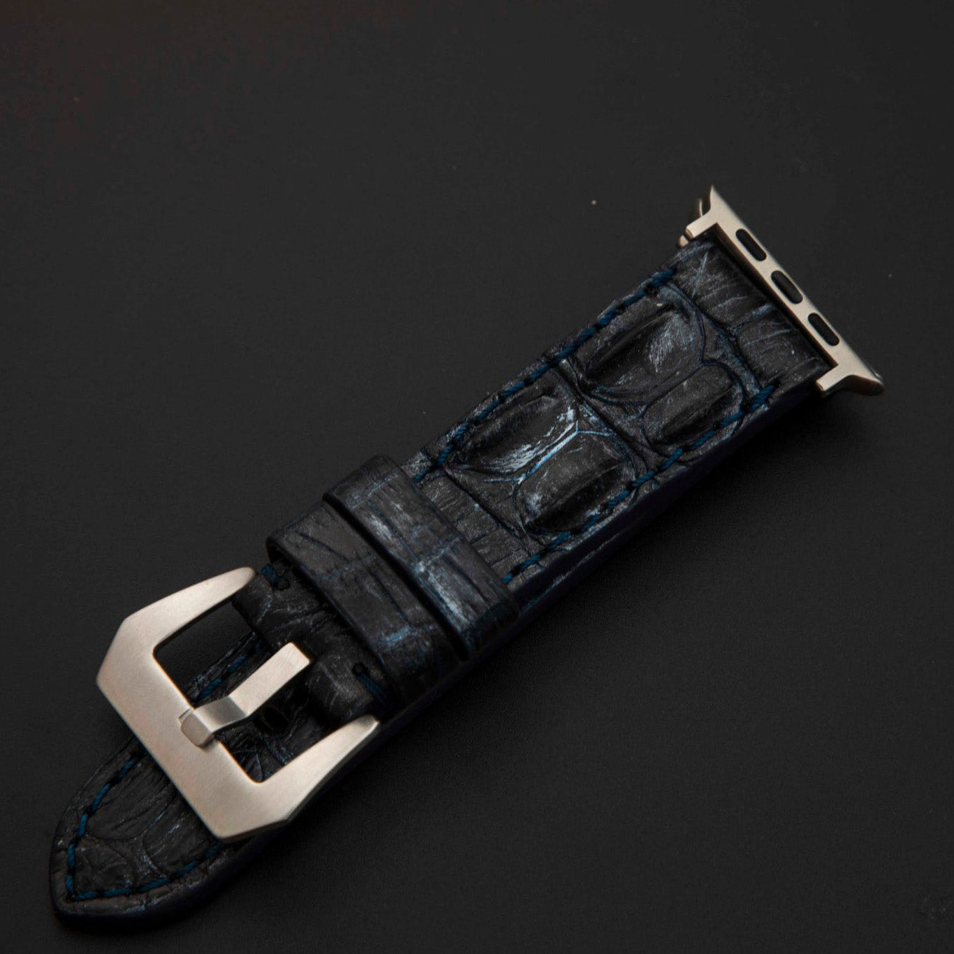 BLUE&SILVER CROCODILE HORNBACK LEATHER STRAP