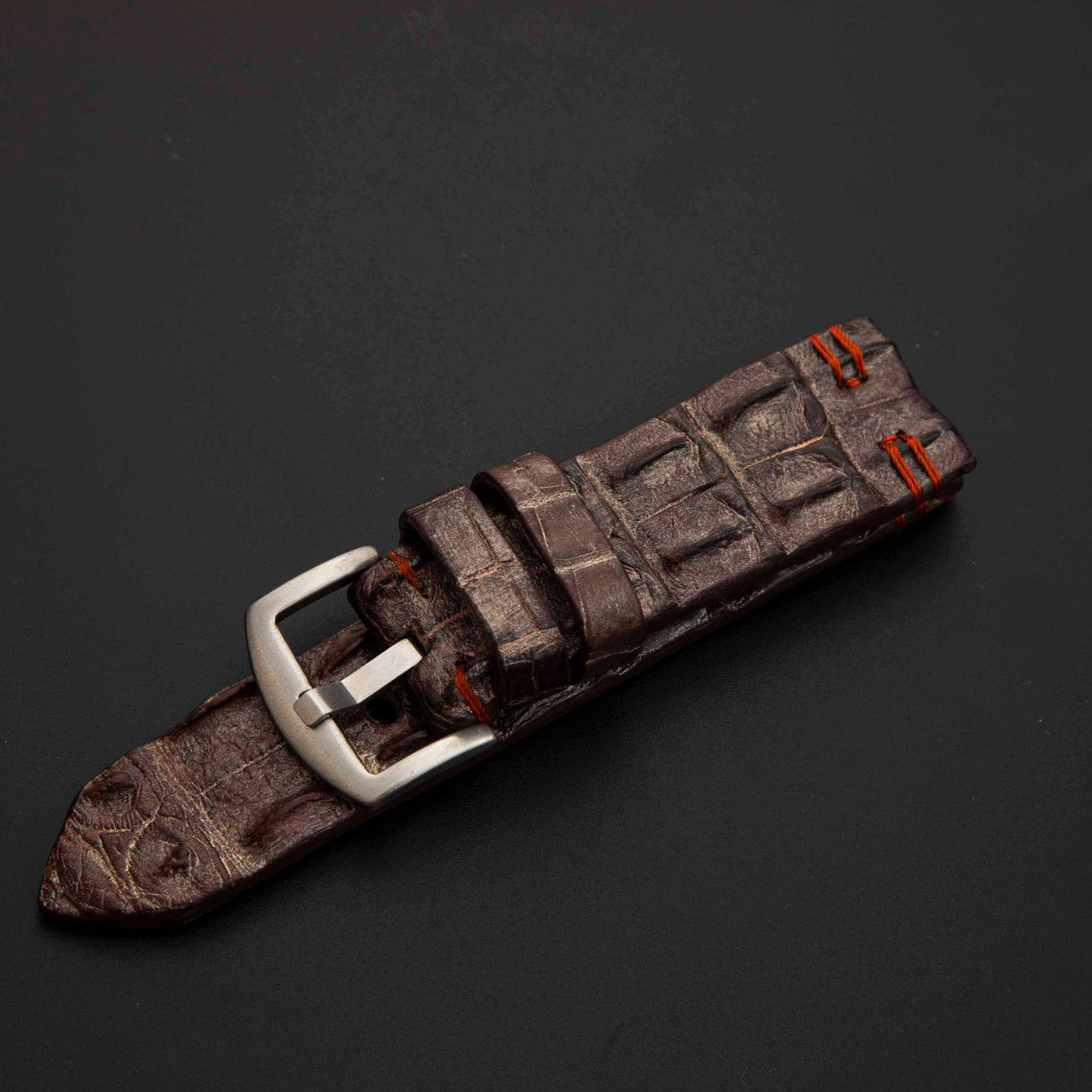 BROWN&SILVER CROCODILE HORNBACK LEATHER STRAP
