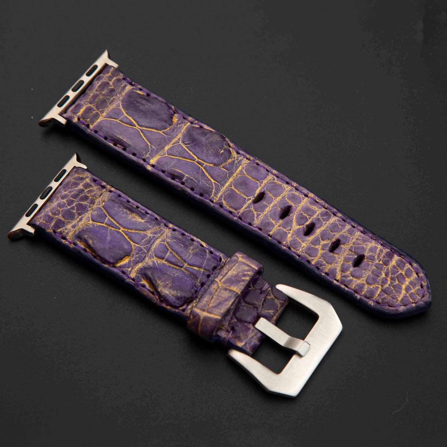 PURPLE&GOLD CROCODILE HORNBACK LEATHER STRAP