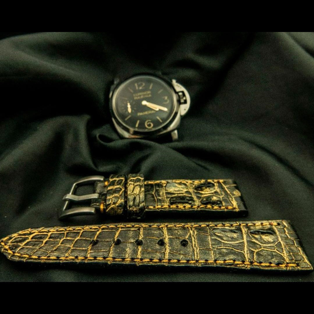 BLACK&YELLOW CROCODILE HORNBACK LEATHER STRAP