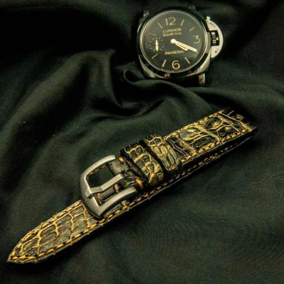 BLACK&YELLOW CROCODILE HORNBACK LEATHER STRAP
