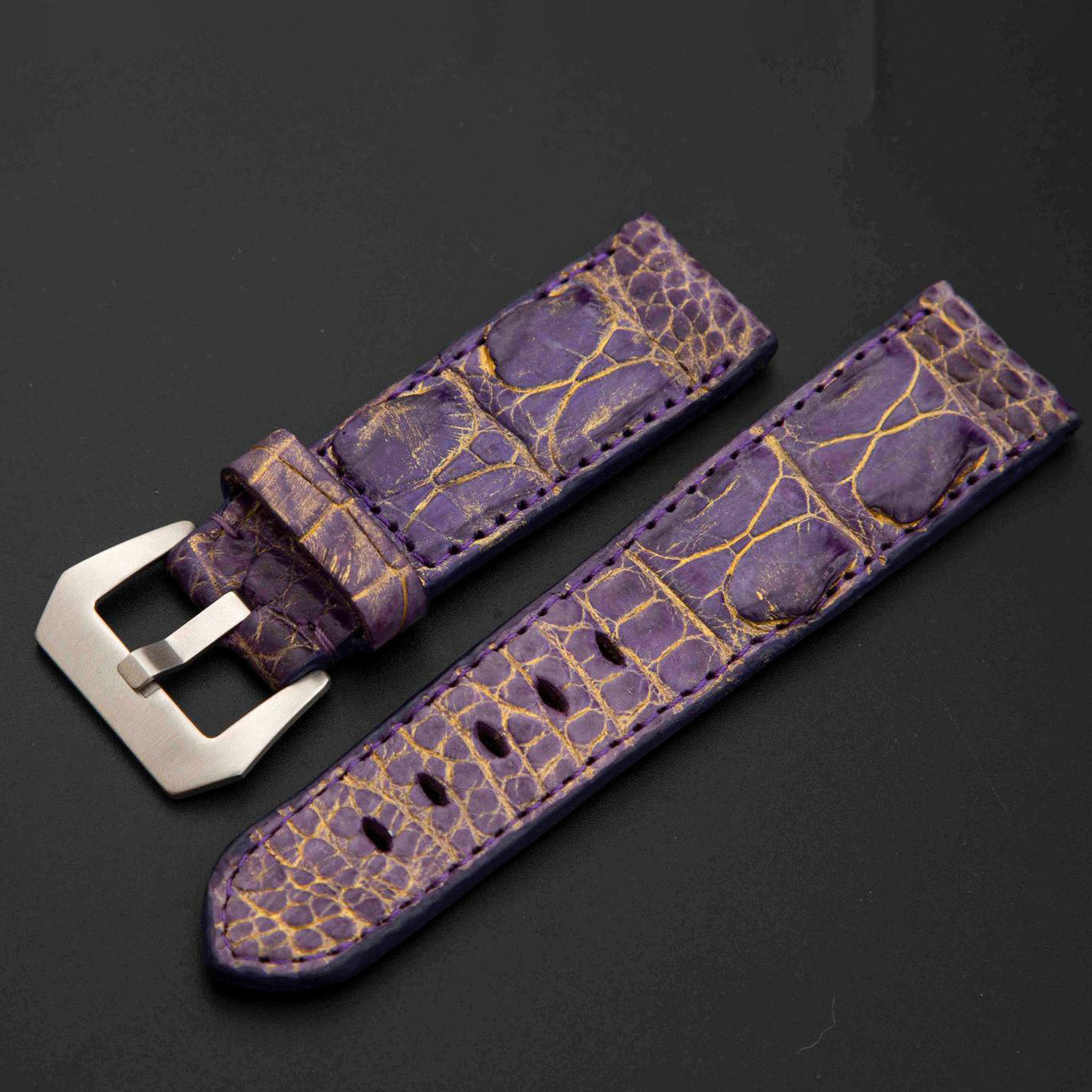PURPLE&BLACK CROCODILE HORNBACK LEATHER STRAP