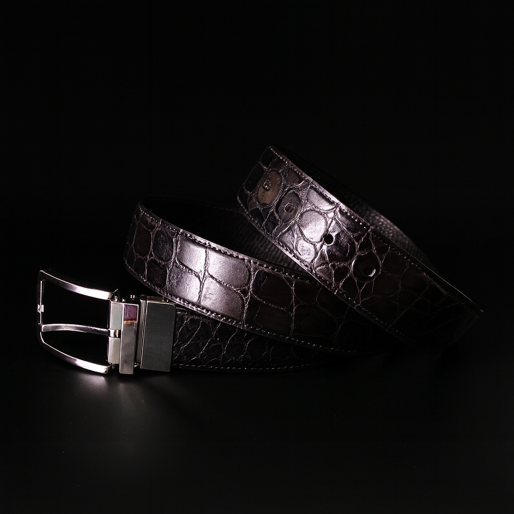 BLACK CROCODILE LEATHER BELT