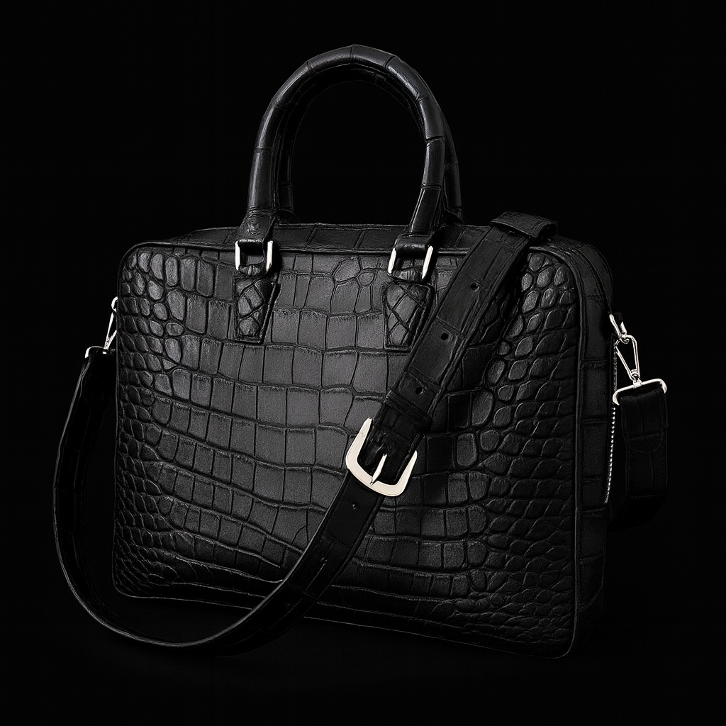 BLACK HANDMADE GENUINE CROCODILE LAPTOP BAG
