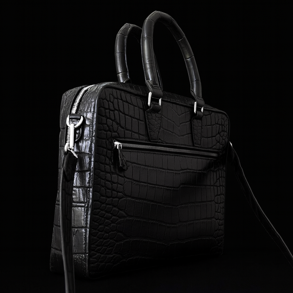 BLACK HANDMADE GENUINE CROCODILE LAPTOP BAG