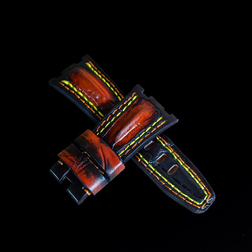 BLACK&ORANGE CROCODILE HORNBACK LEATHER STRAP