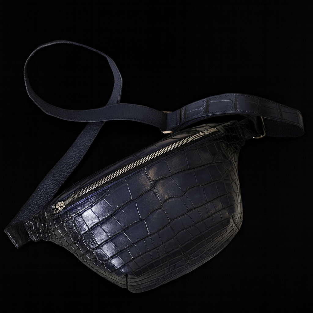 BLUE HANDMADE GENUINE CROCODILE BELT BAG