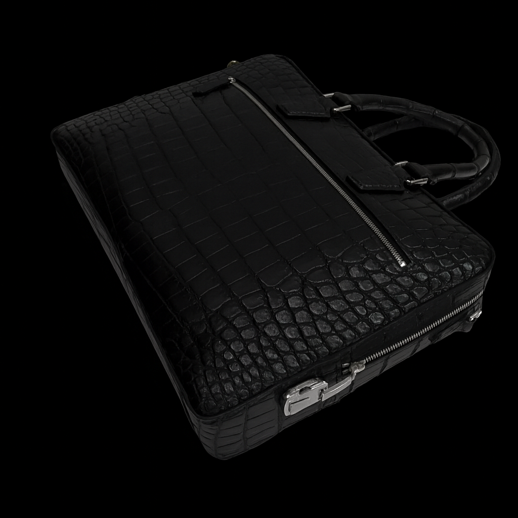 BLACK HANDMADE GENUINE CROCODILE LAPTOP BAG