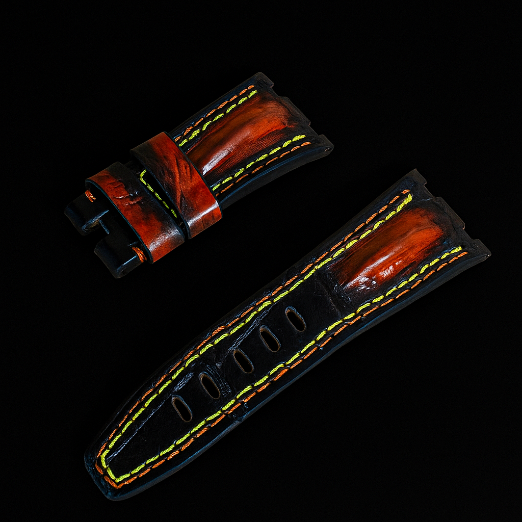 BLACK&ORANGE CROCODILE HORNBACK LEATHER STRAP