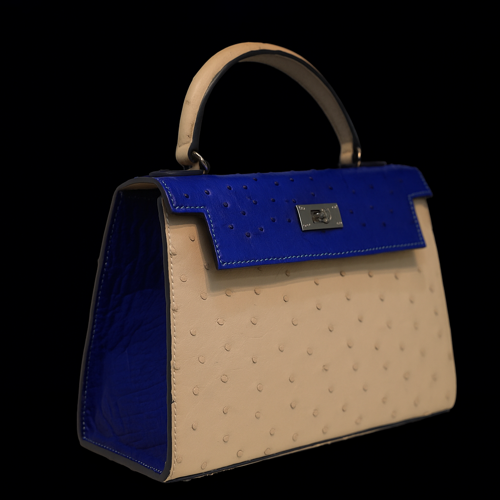 BEIGE&BLUE HANDMADE GENUINE OSTRICH LEATHER BAG