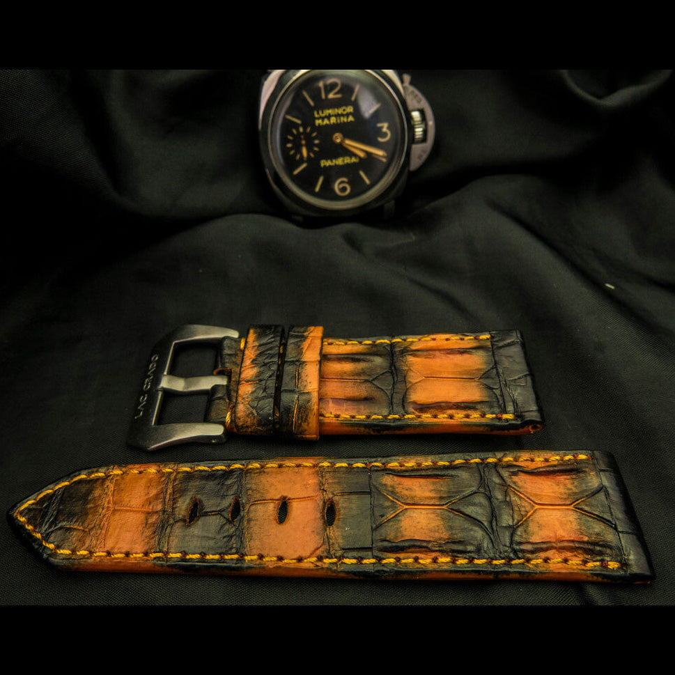 ORANGE&BLACK CROCODILE HORNBACK  LEATHER STRAP