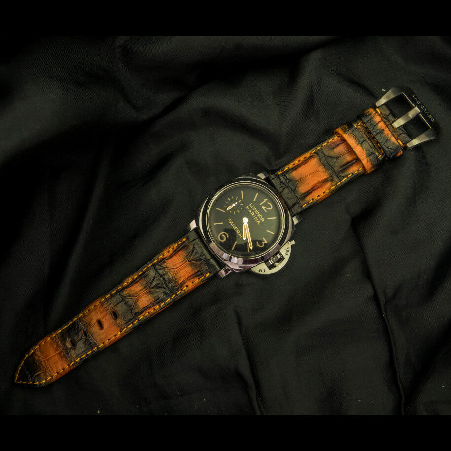 ORANGE&BLACK CROCODILE HORNBACK  LEATHER STRAP