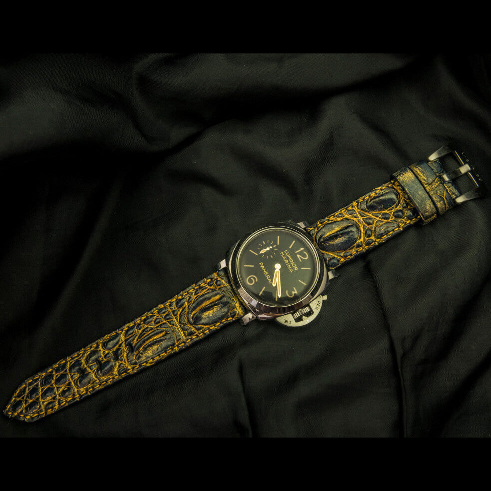 BLACK&GOLD CROCODILE HORNBACK LEATHER STRAP