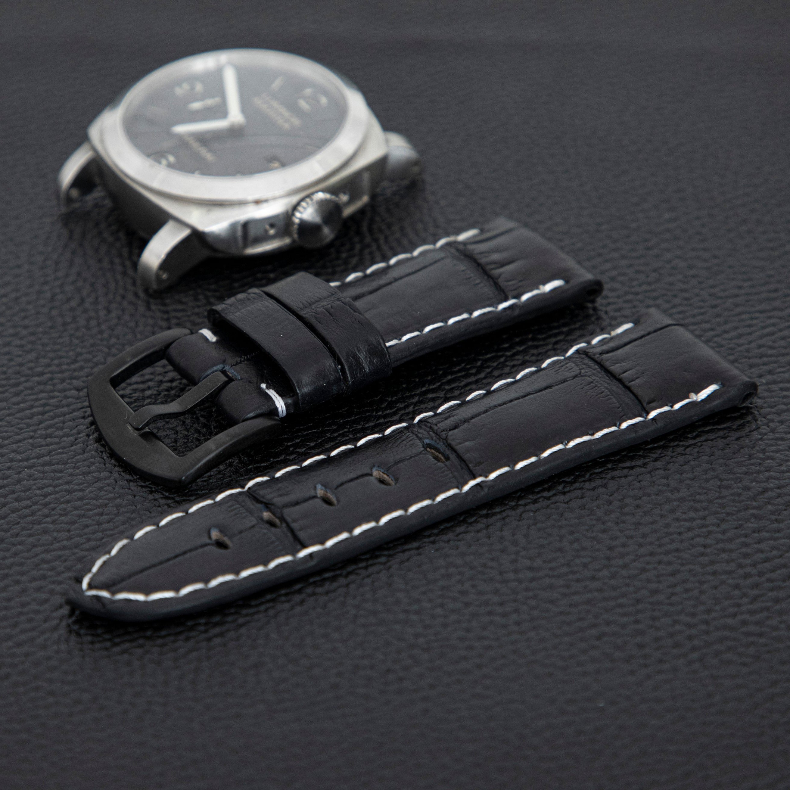 BLACK CROCODILE BELLY LEATHER STRAP