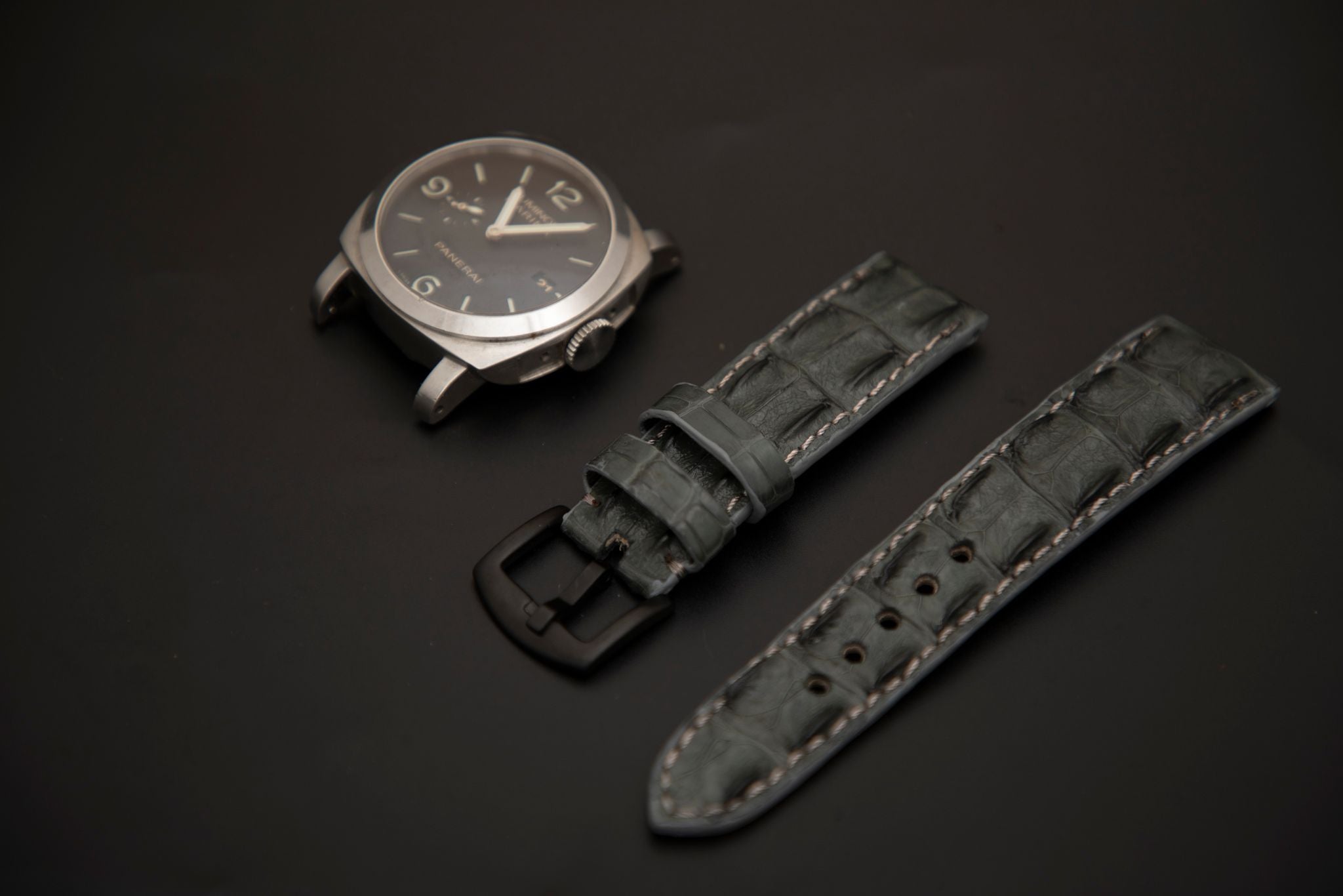 GREY CROCODILE HORNBACK LEATHER STRAP - Lac Crado