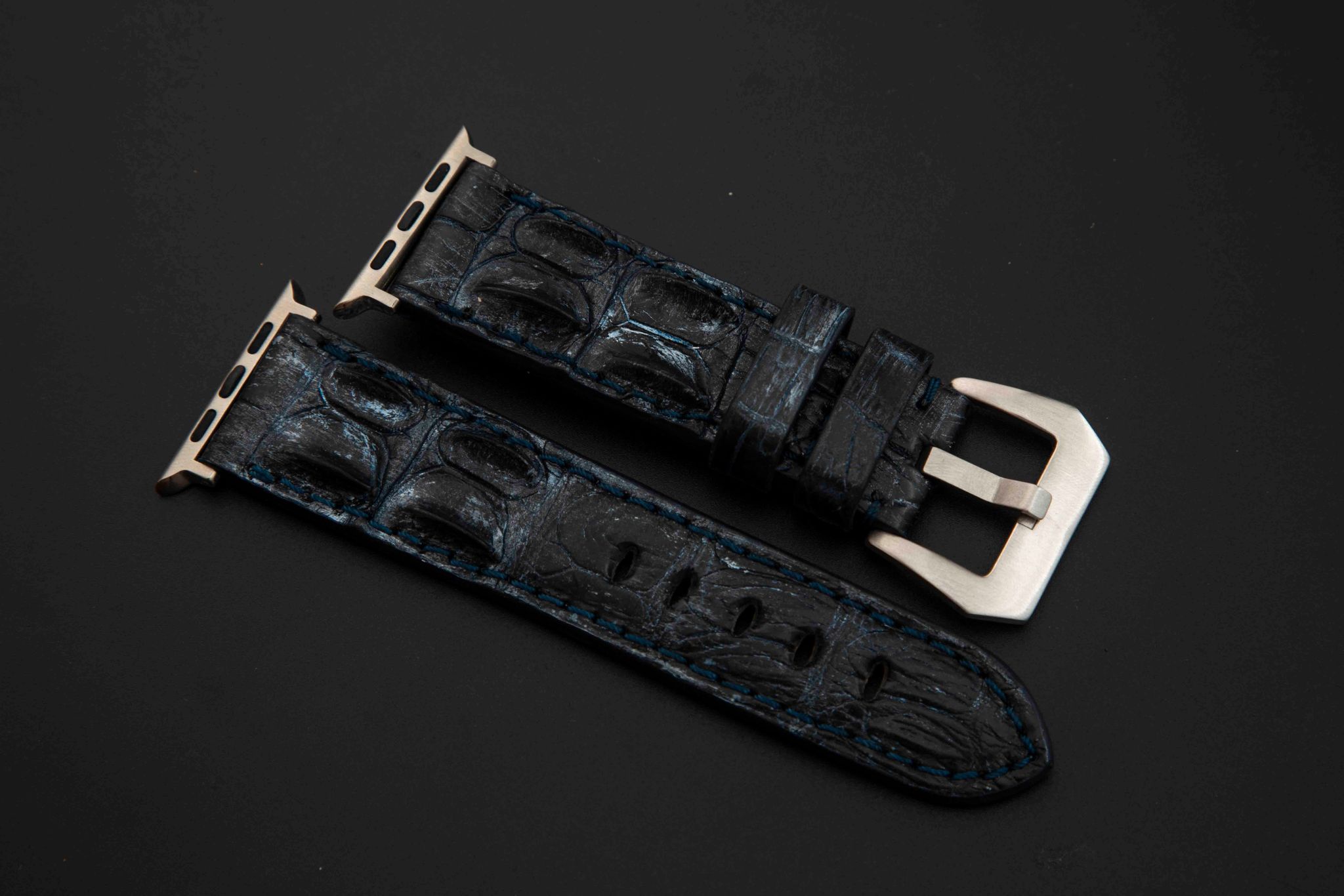 BLUE&SILVER CROCODILE HORNBACK LEATHER STRAP