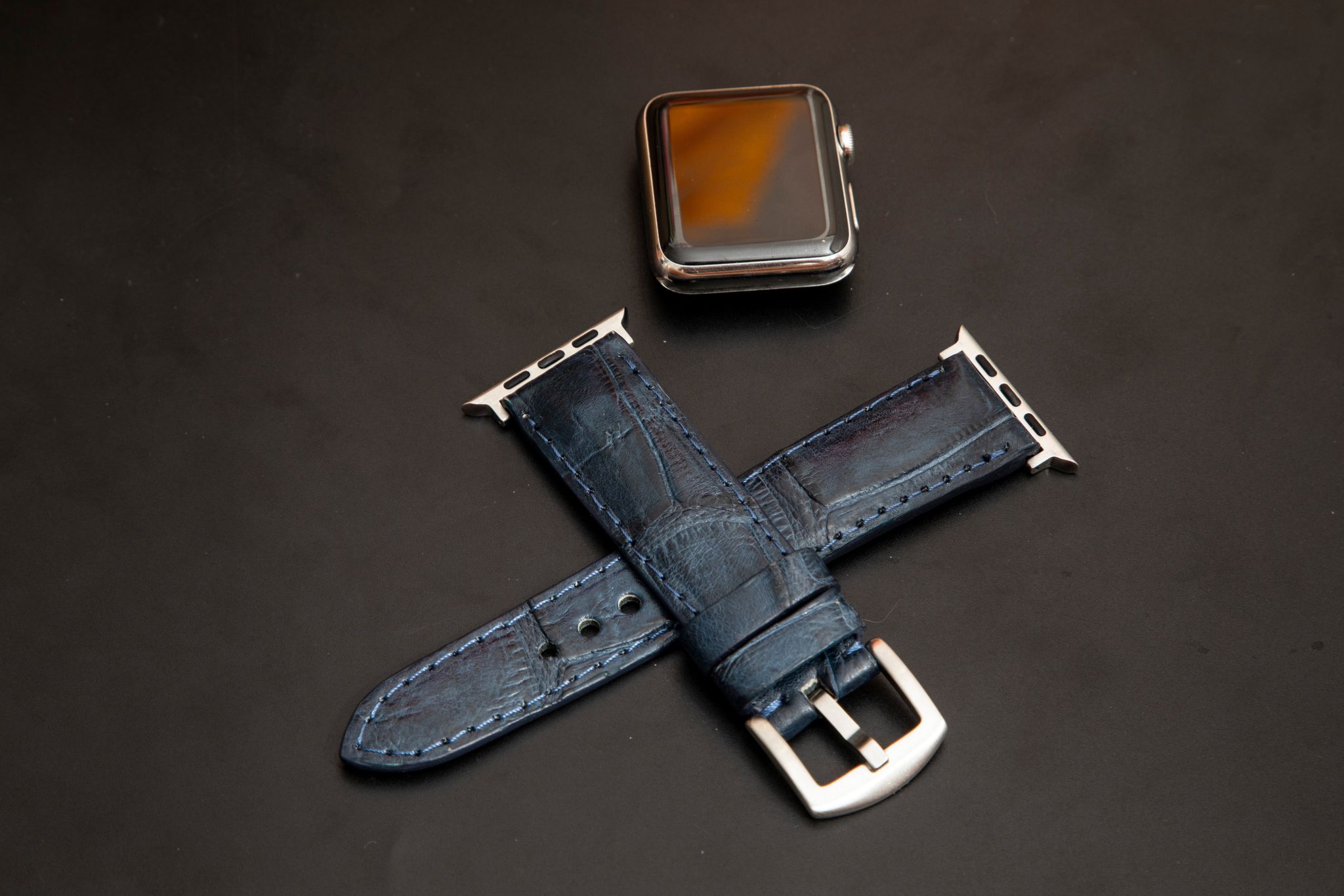 BLUE CROCODILE BELLY LEATHER STRAP