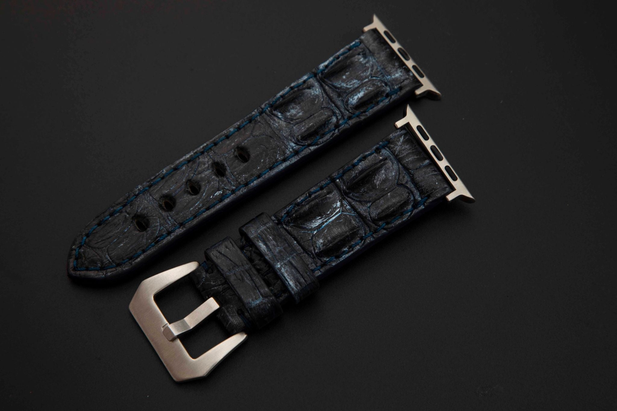 BLUE&SILVER CROCODILE HORNBACK LEATHER STRAP