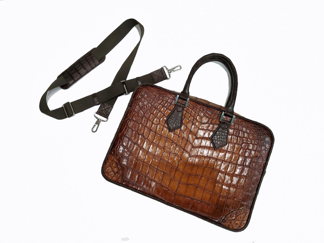 BLACK&BROWN HANDMADE GENUINE CROCODILE LAPTOP SLINGBAG