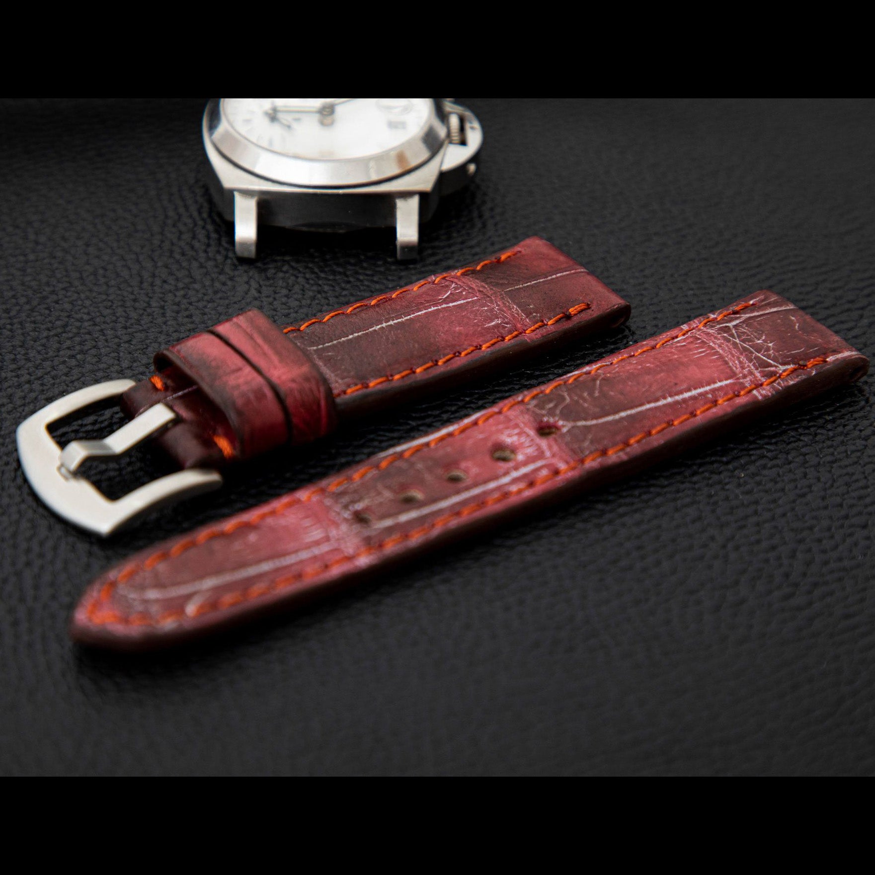 PINK&BLACK CROCODILE BELLY LEATHER STRAP