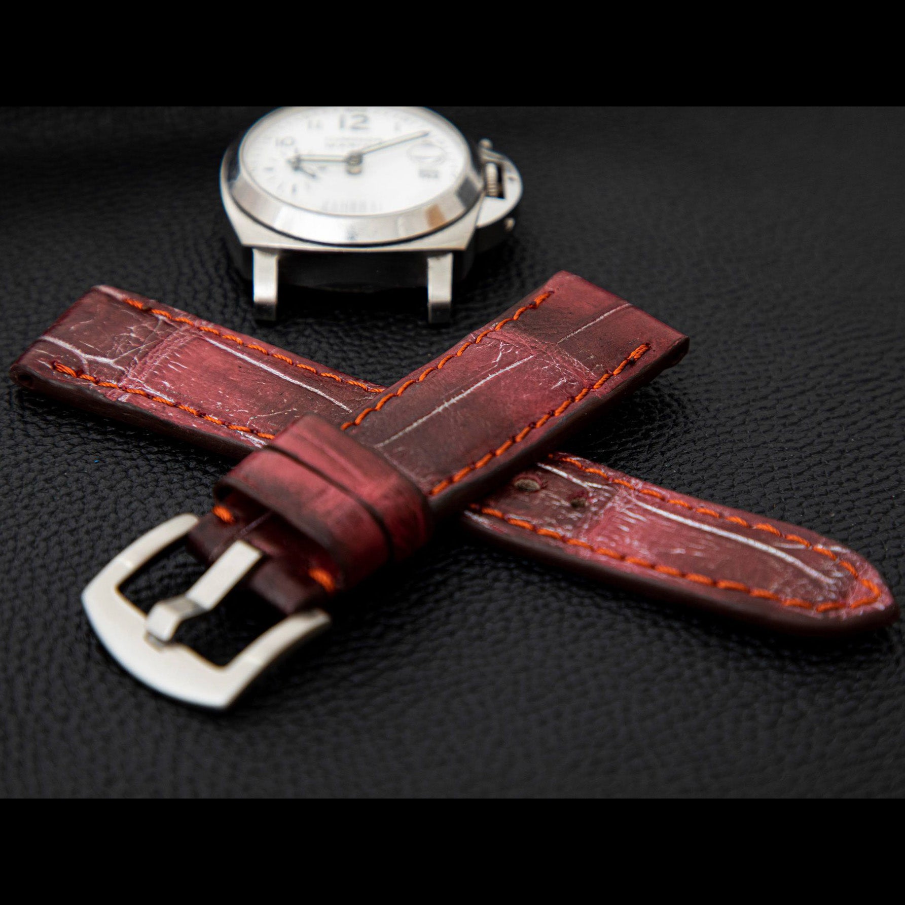 PINK&BLACK CROCODILE BELLY LEATHER STRAP