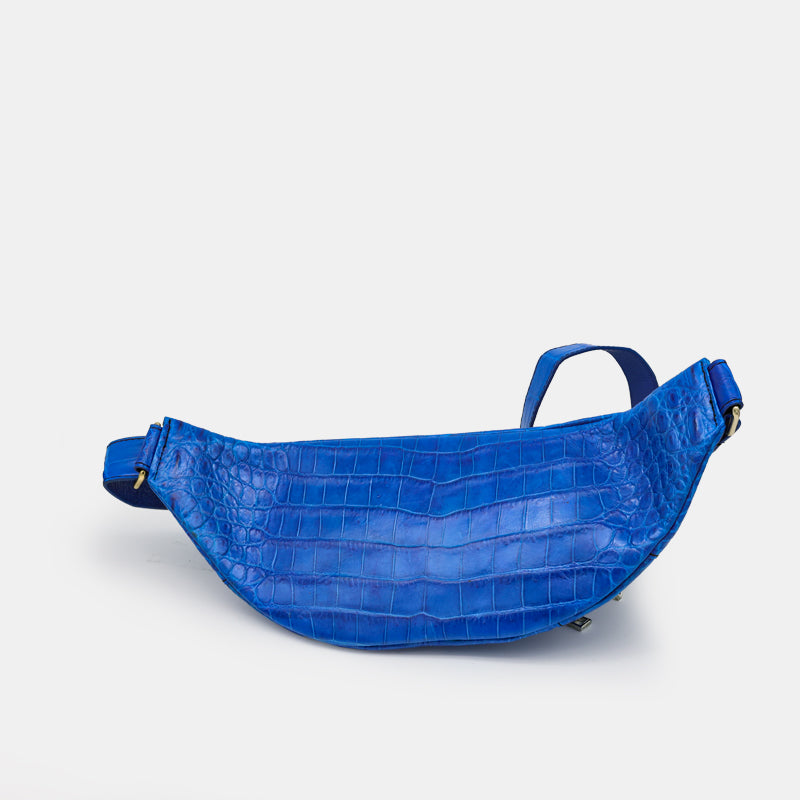 BLUE HANDMADE GENUINE CROCODILE BELT BAG