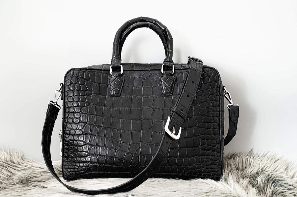 BLACK HANDMADE GENUINE CROCODILE LAPTOP SLINGBAG