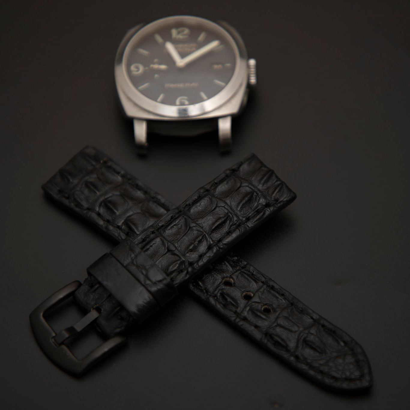 BLACK CROCODILE HORNBACK LEATHER STRAP
