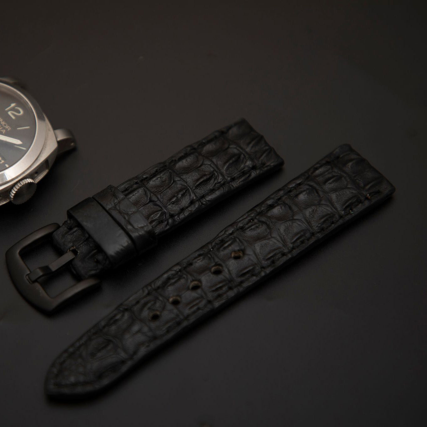 BLACK CROCODILE HORNBACK LEATHER STRAP