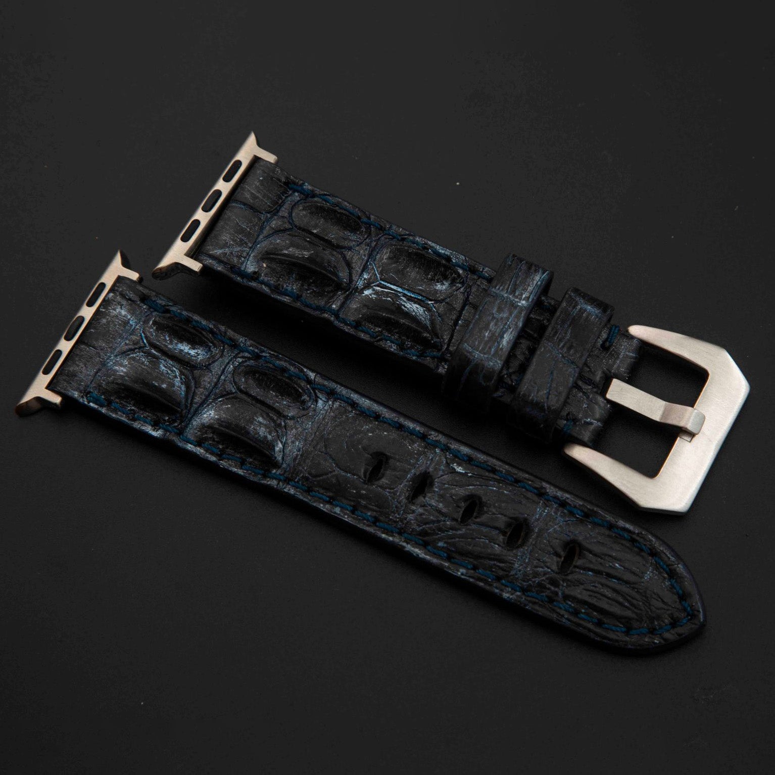 BLUE&SILVER CROCODILE HORNBACK LEATHER STRAP