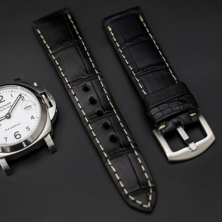 BLACK CROCODILE BELLY LEATHER STRAP