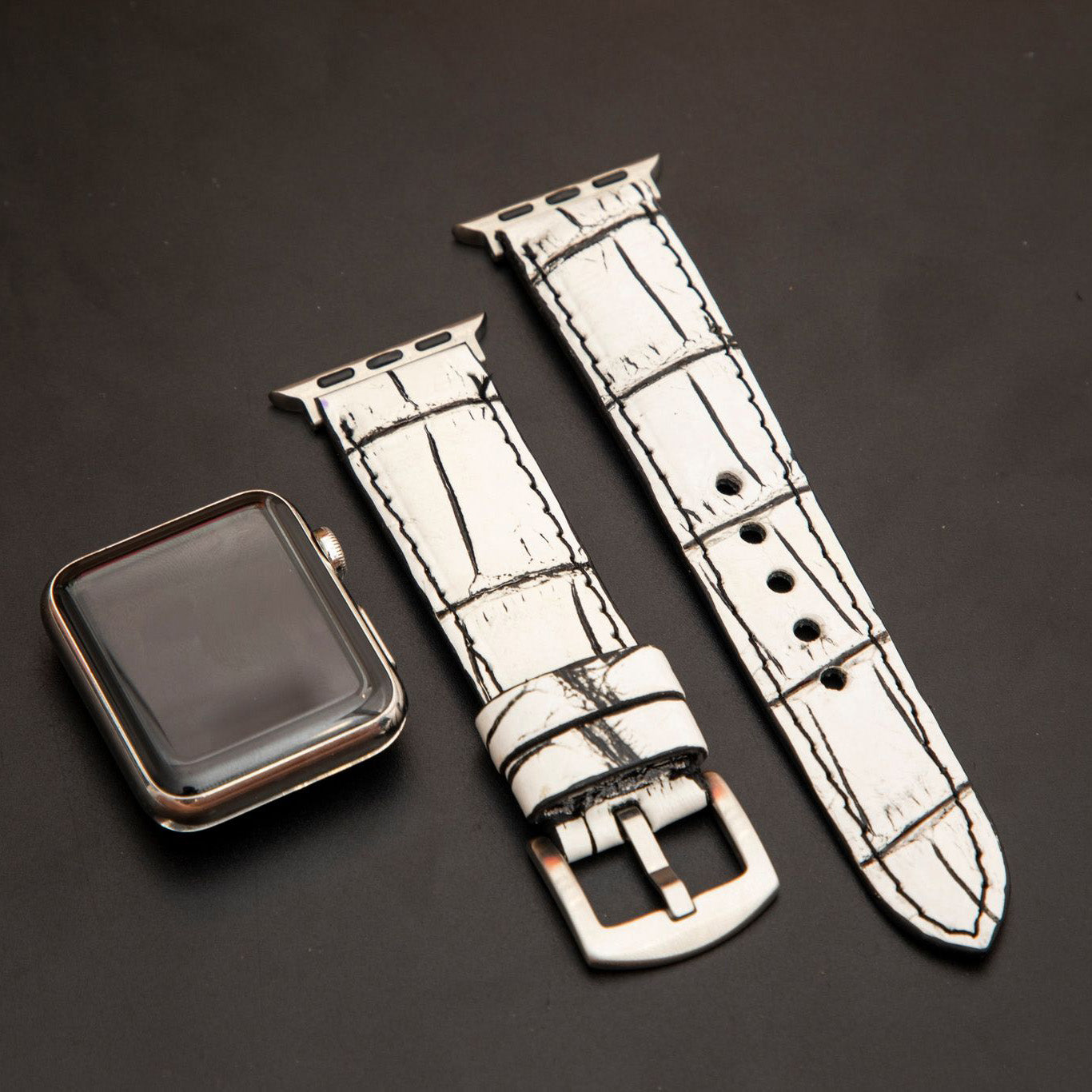 WHITE&BLACK CROCODILE BELLY LEATHER STRAP