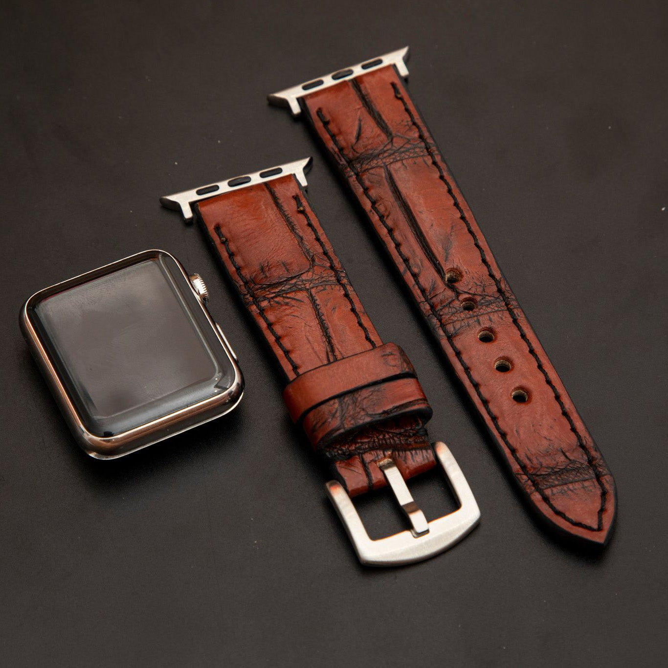 RED&BLACK CROCODILE BELLY LEATHER STRAP