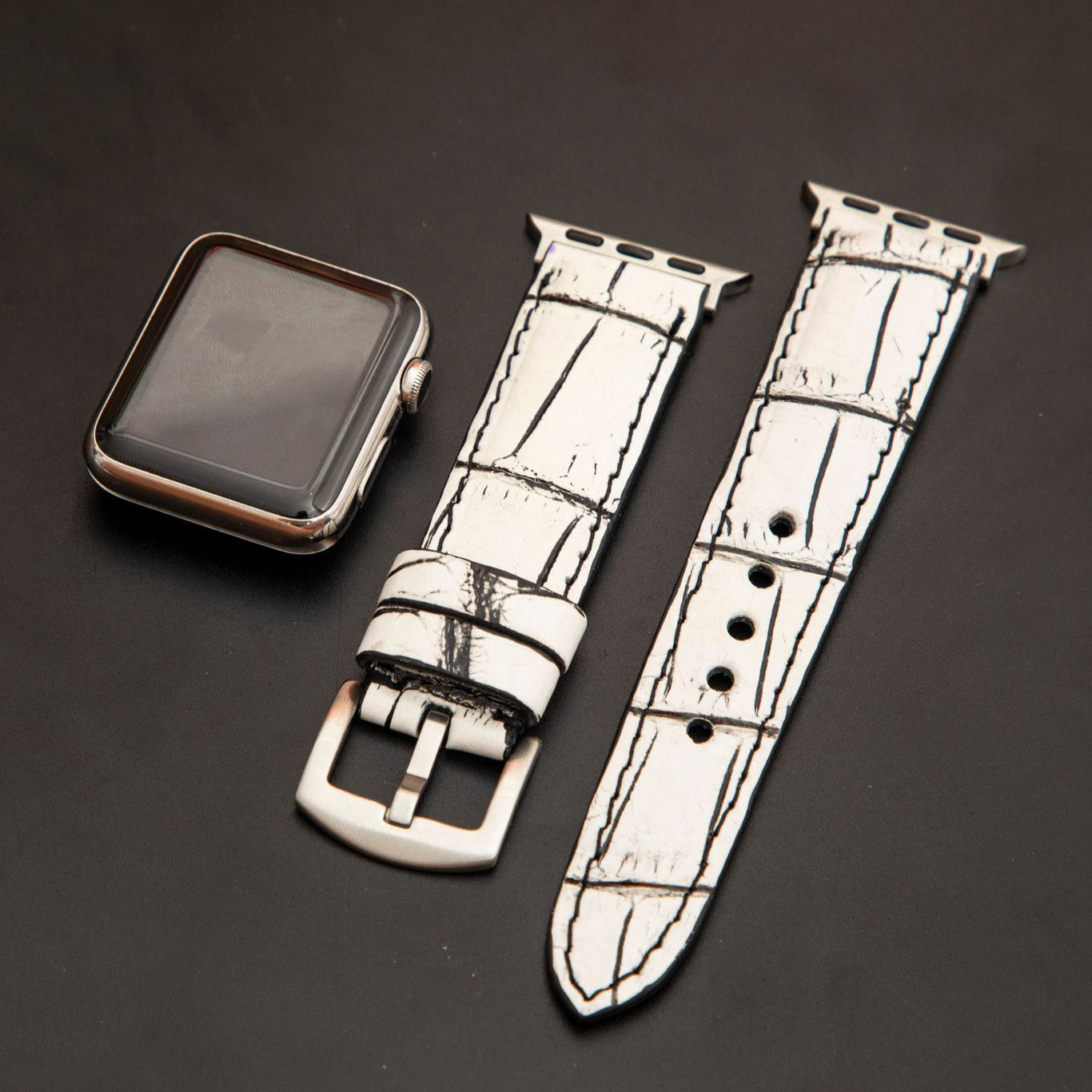 WHITE&BLACK CROCODILE BELLY LEATHER STRAP