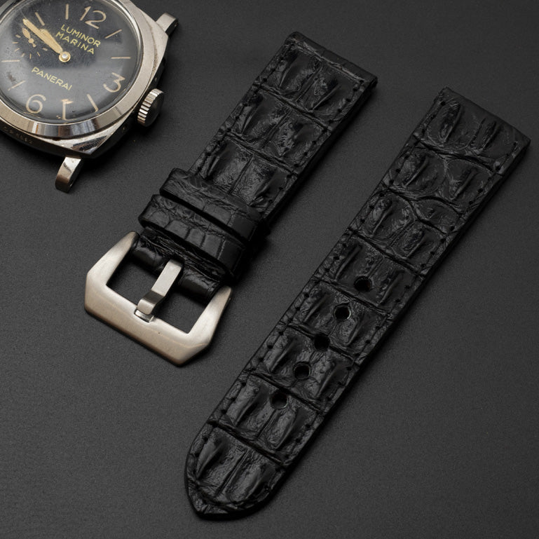 BLACK CROCODILE HORNBACK LEATHER STRAP