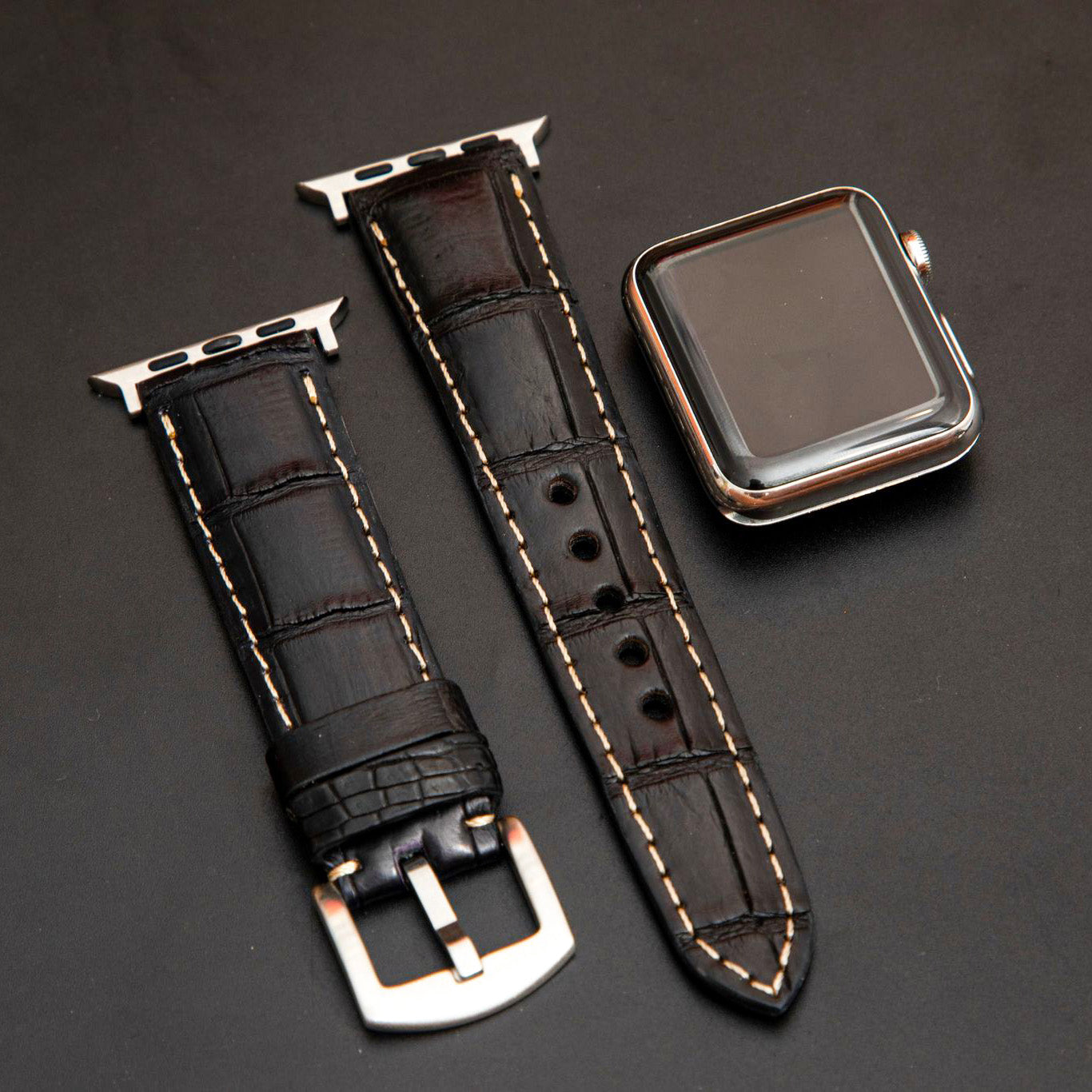 BLACK CROCODILE BELLY LEATHER STRAP