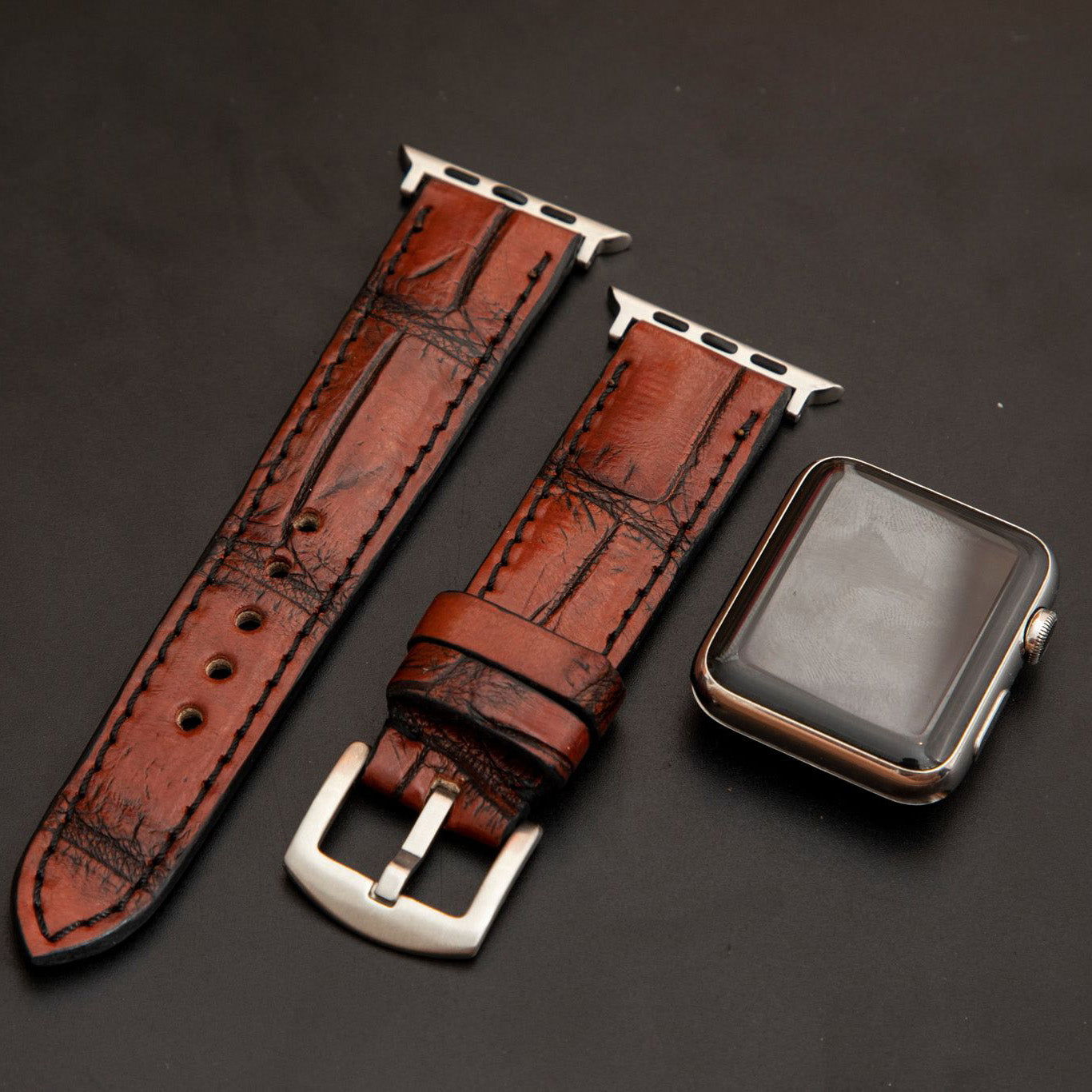 RED&BLACK CROCODILE BELLY LEATHER STRAP