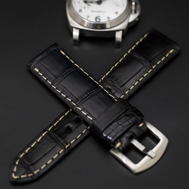 BLACK CROCODILE BELLY LEATHER STRAP