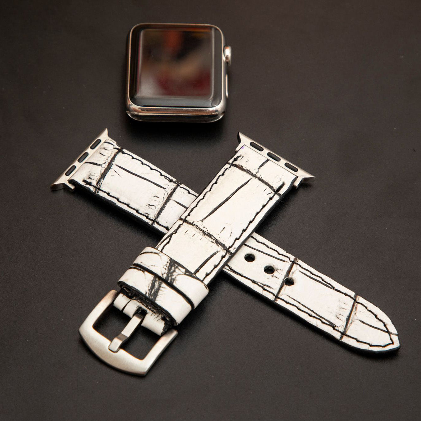 WHITE&BLACK CROCODILE BELLY LEATHER STRAP