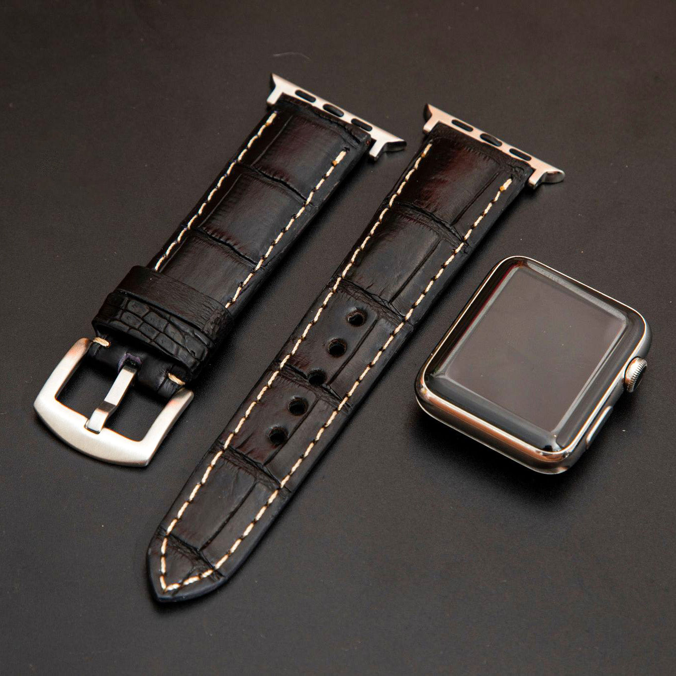 BLACK CROCODILE BELLY LEATHER STRAP