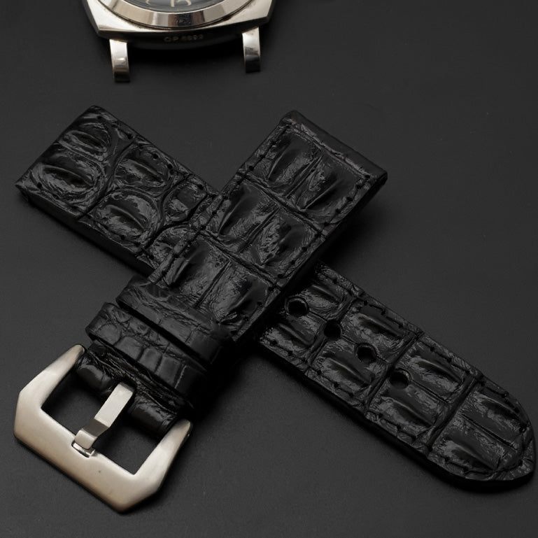 BLACK CROCODILE HORNBACK LEATHER STRAP