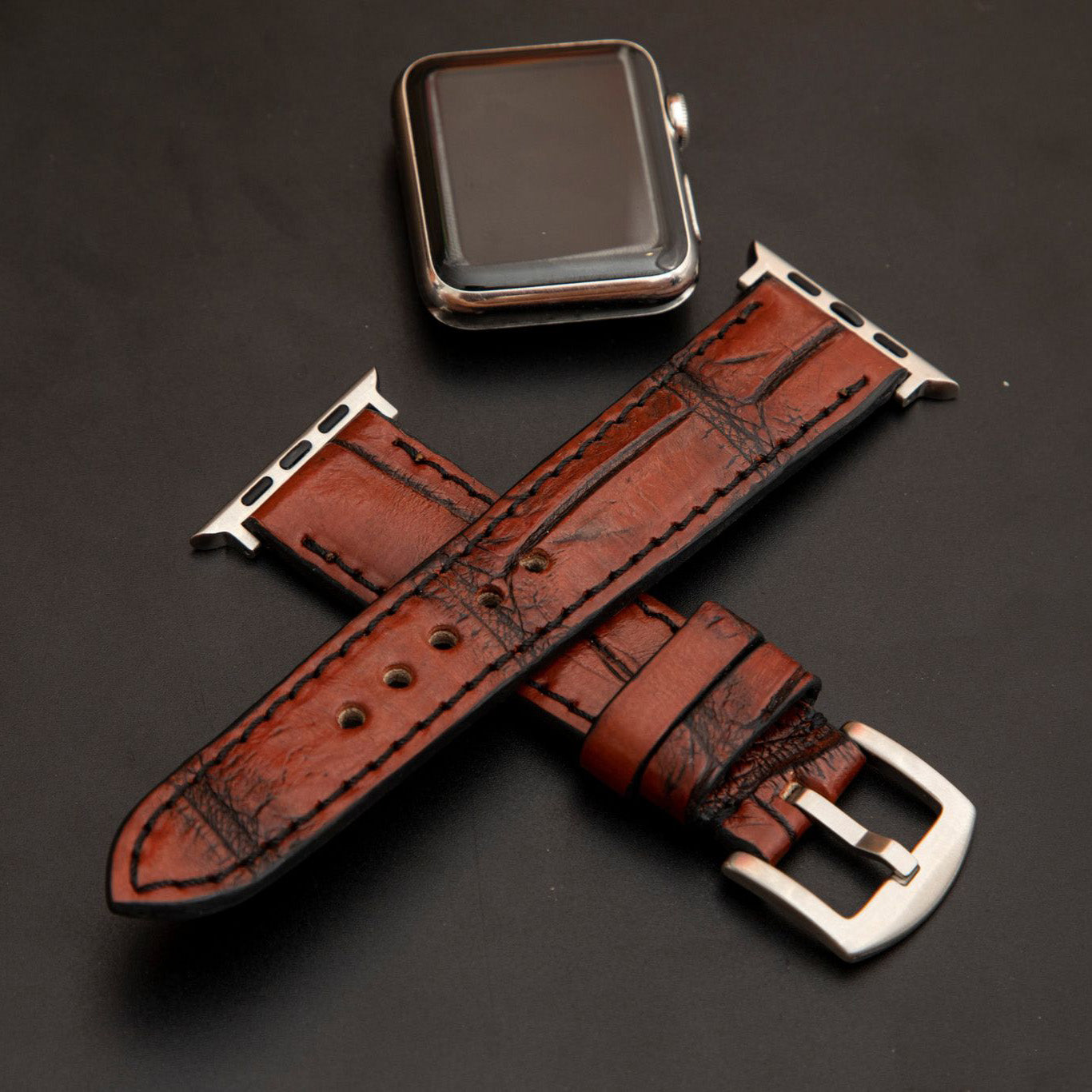 RED&BLACK CROCODILE BELLY LEATHER STRAP