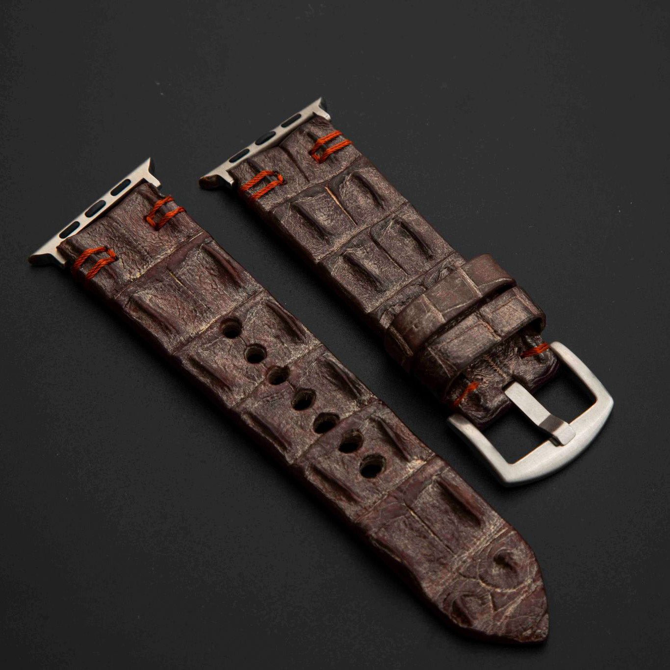 BROWN&SILVER CROCODILE HORNBACK LEATHER STRAP